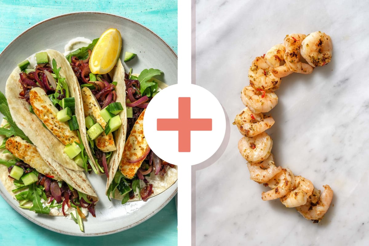 Würzig-feurige Halloumi-Tacos mit extra Garnelen