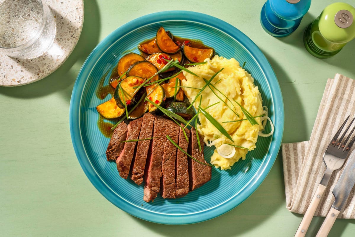 Pikant mariniertes Rindersteak mit Zucchinigemüse