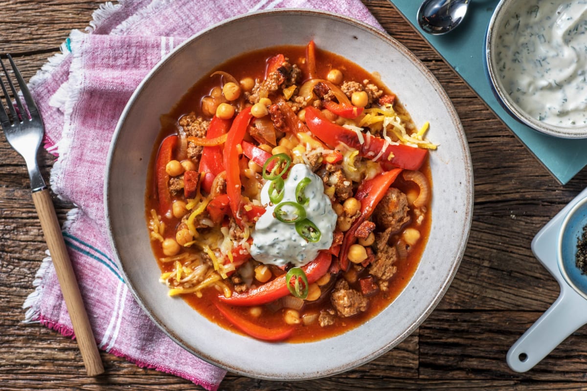 Mildes Chili con Carne mit Chorizo & Kichererbsen