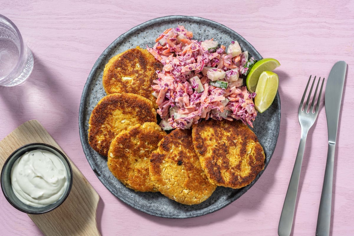 Blumenkohl-Taler mit buntem Rotkohlsalat & Dip