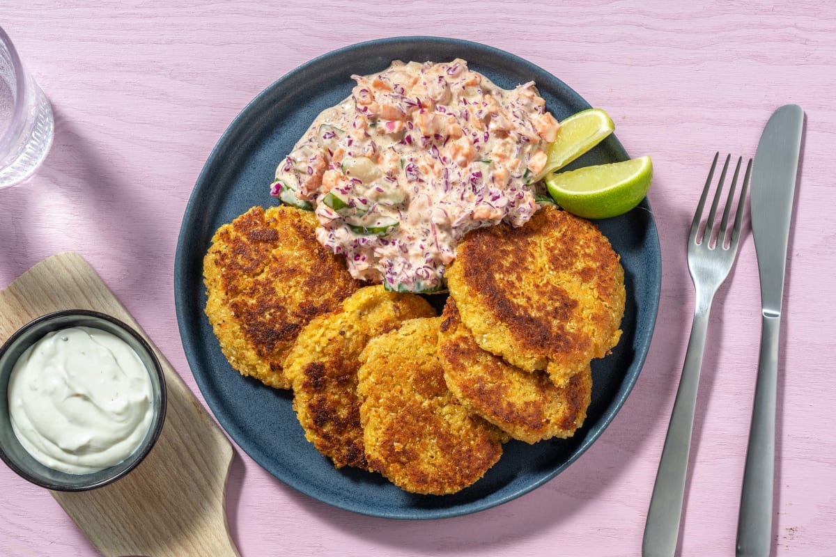 Blumenkohl-Taler mit buntem Rotkohlsalat & Dip