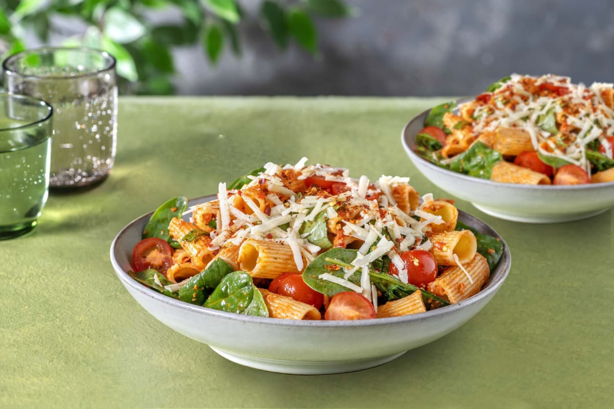 Spicy Rigatoni mit Spinat & Kirschtomaten