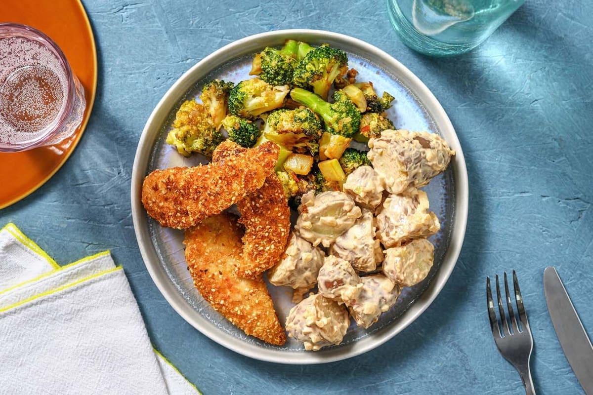 Gepaneerde sesamkip met pittige broccoli