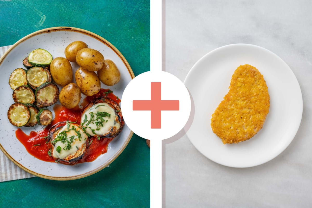 Aubergine Art Parmigiana mit veganem Schnitzel