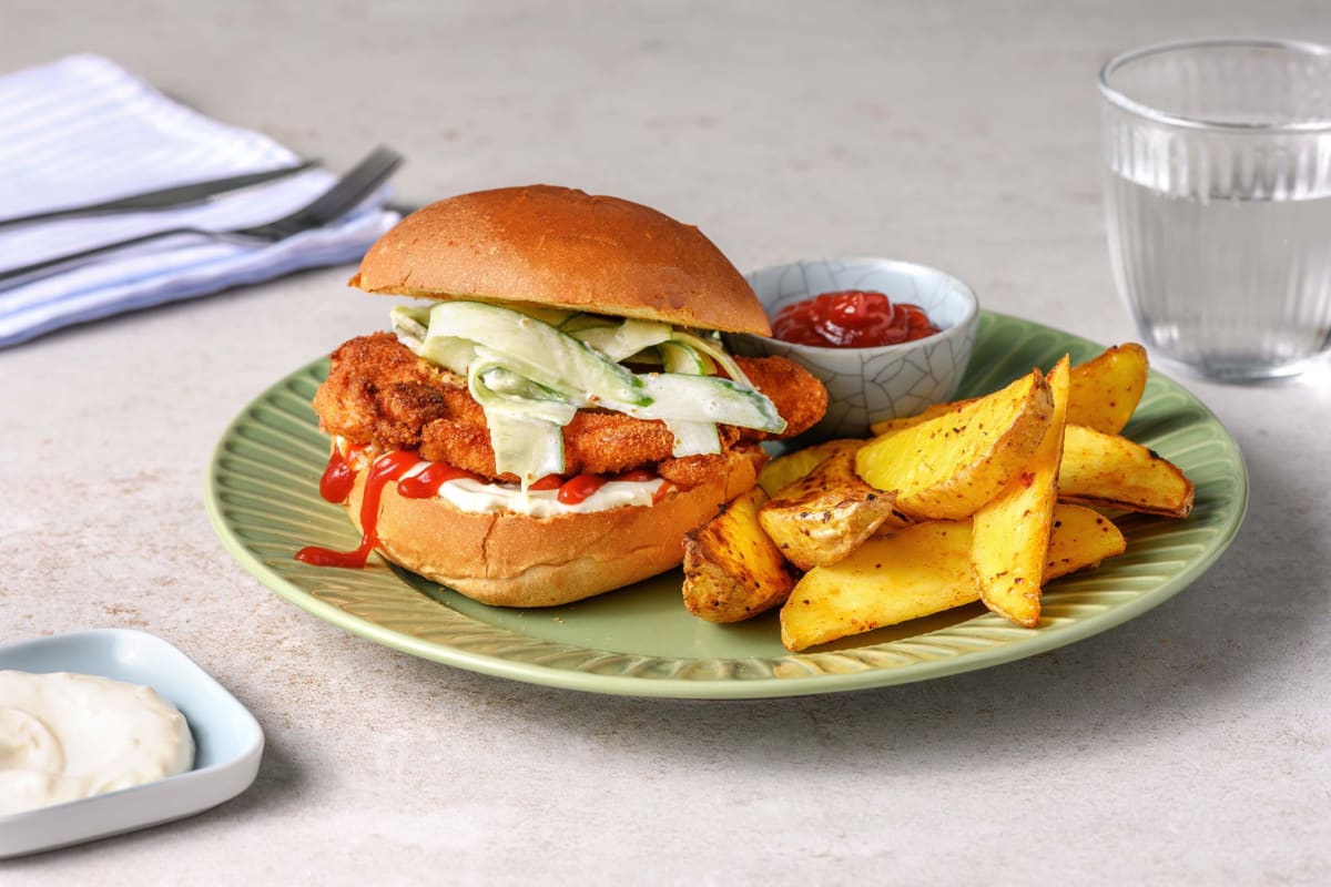 Hähnchenschnitzel-Burger mit Gurkensalat