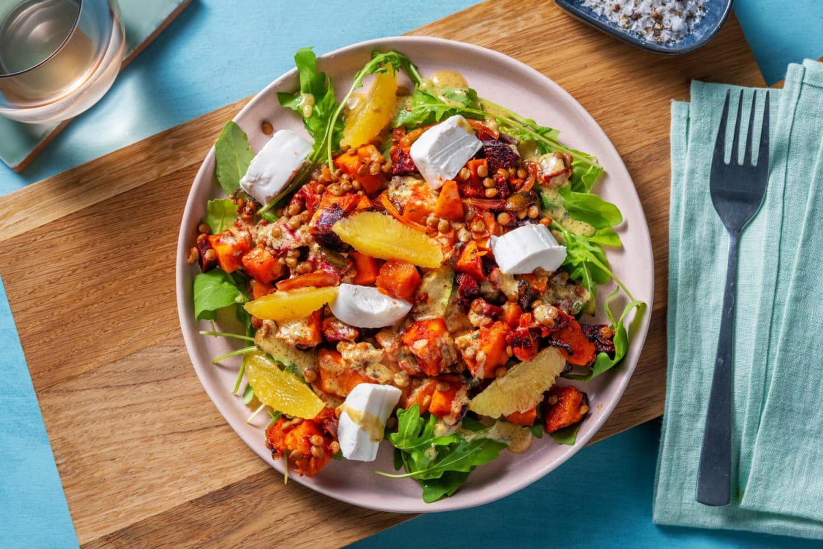 Winterlicher Kürbis-Linsen-Salat mit Ziegenkäse