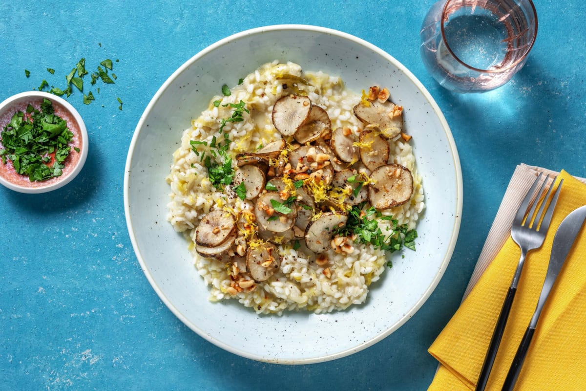 Risotto met krokante aardpeer en hazelnoten