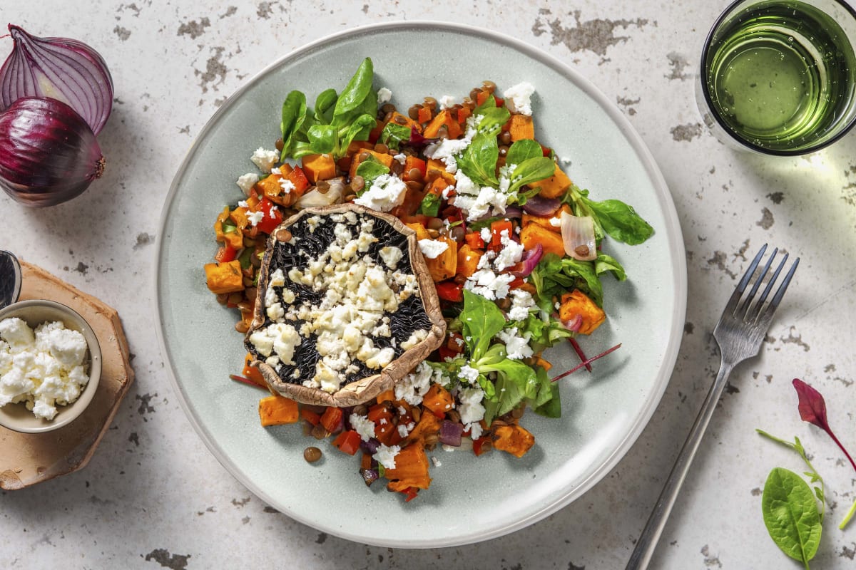 Gevulde portobello met feta en warme salade