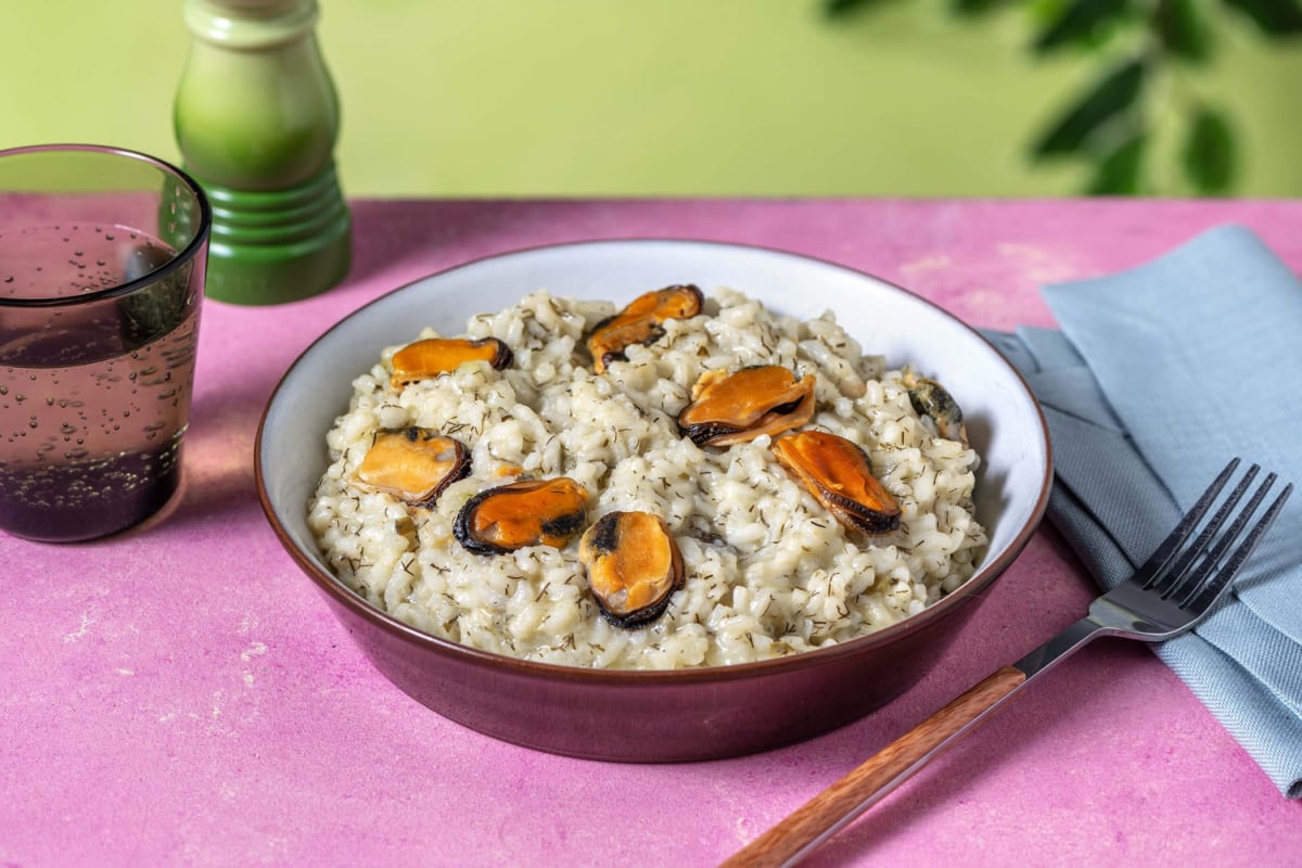 Zitroniges Weißweinrisotto mit Miesmuscheln und Dill