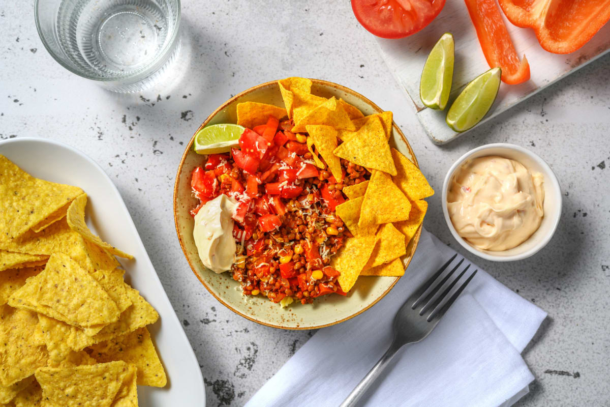 Mexicaans gekruide linzenstoof met pittige tortillachips