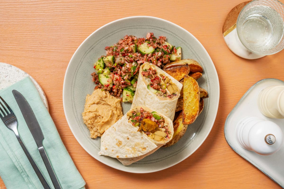 Veganer Schawarma Wrap mit Bohnen-Hummus