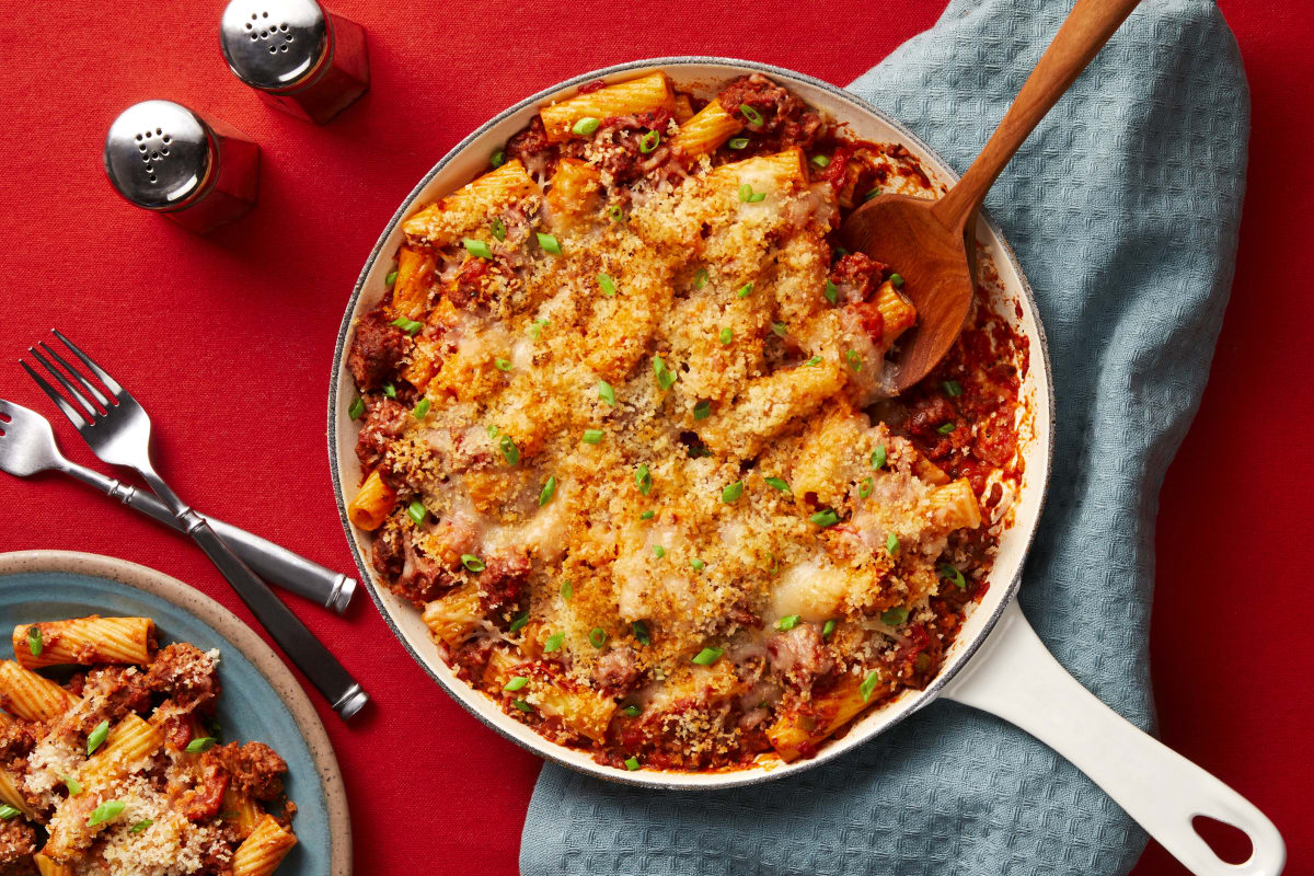 Plant-Based Protein Ragù Rigatoni Bake