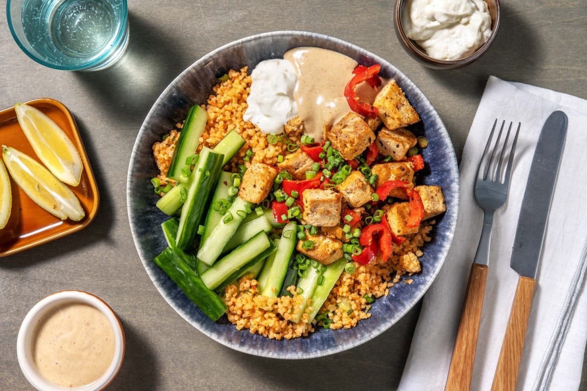 Bulgur-Bowl mit spicy Harissa-Tofu