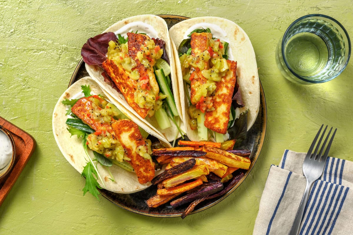 Scharfe Piri-Piri-Halloumi-Tacos mit Kiwi-Salsa