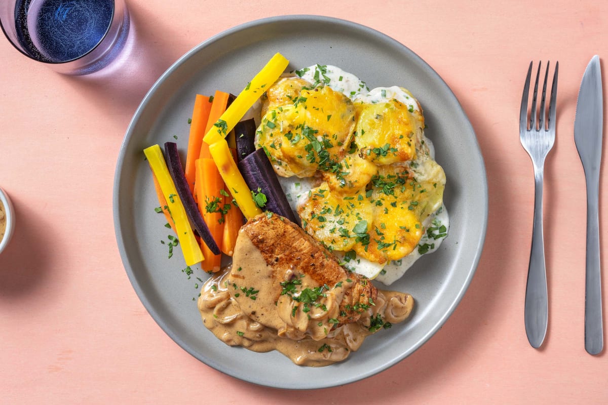 Schweinelachssteak mit Kartoffelgratin