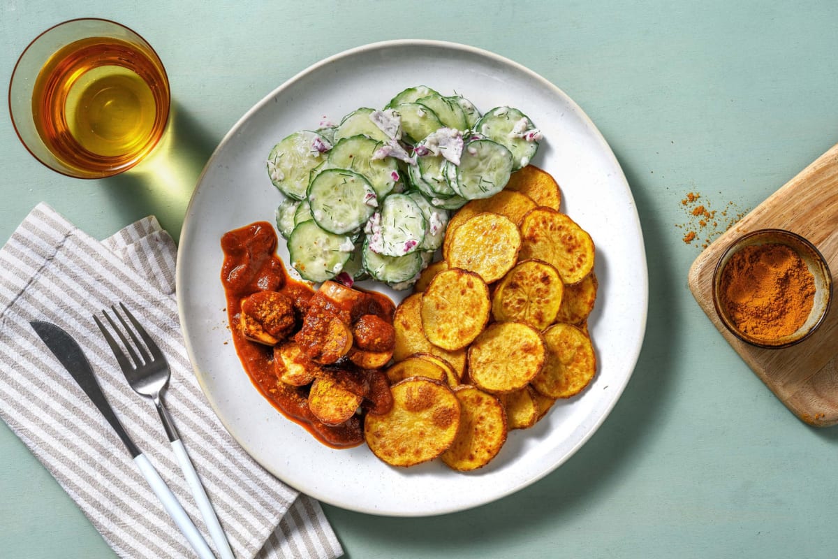 Vegane Currywurst mit crispy Kartoffel-Chips