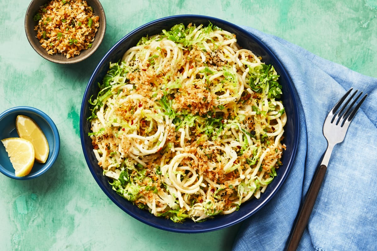 Spaghetti with Chicken Sausage & Brussels Sprouts