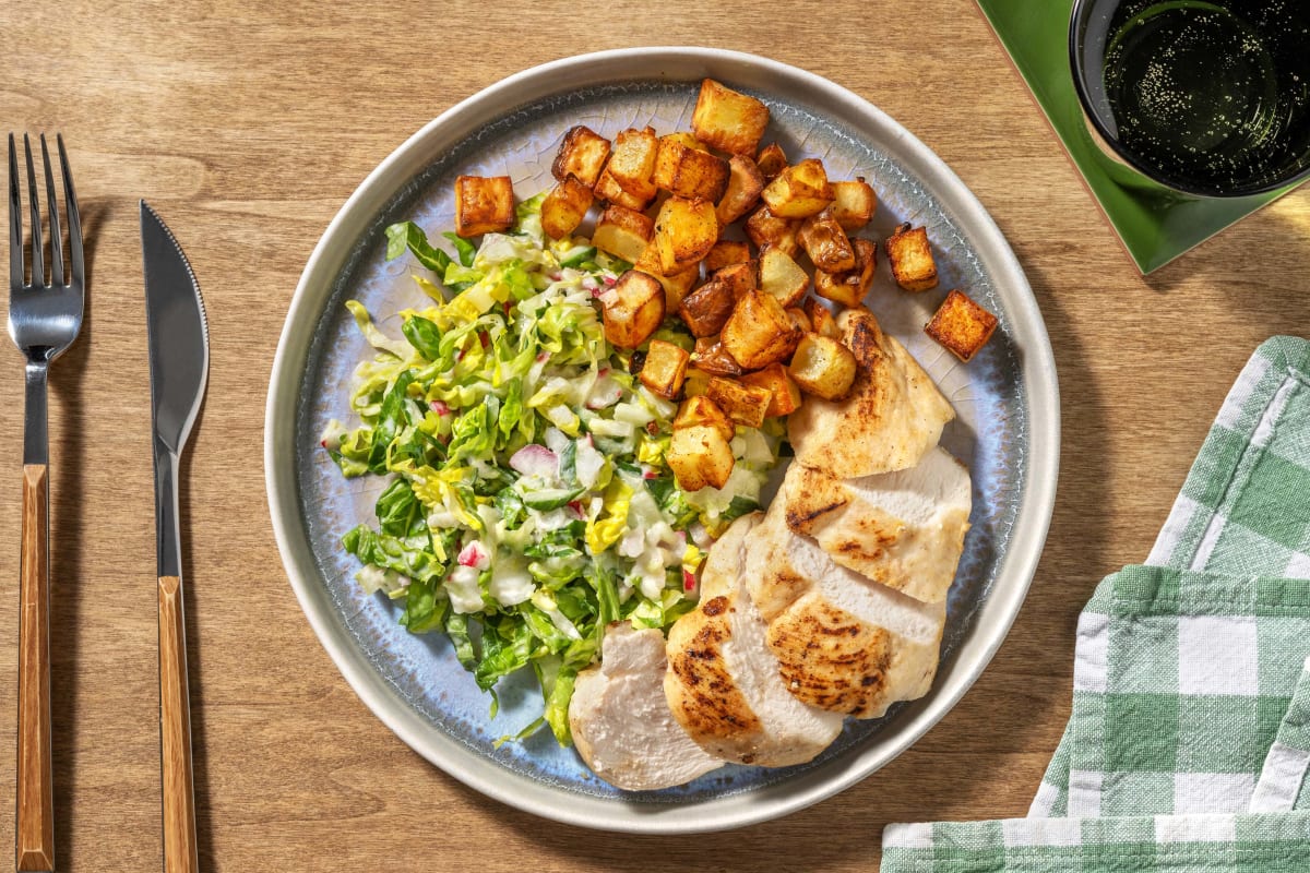 Hähnchenbrust an Salat mit Aprikosen-Curry-Dressing