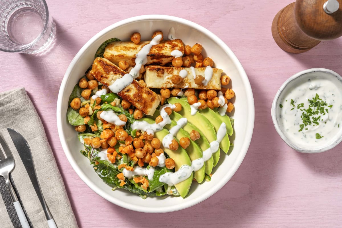 Grillkäse-Bowl mit Röst-Kichererbsen & Avocado