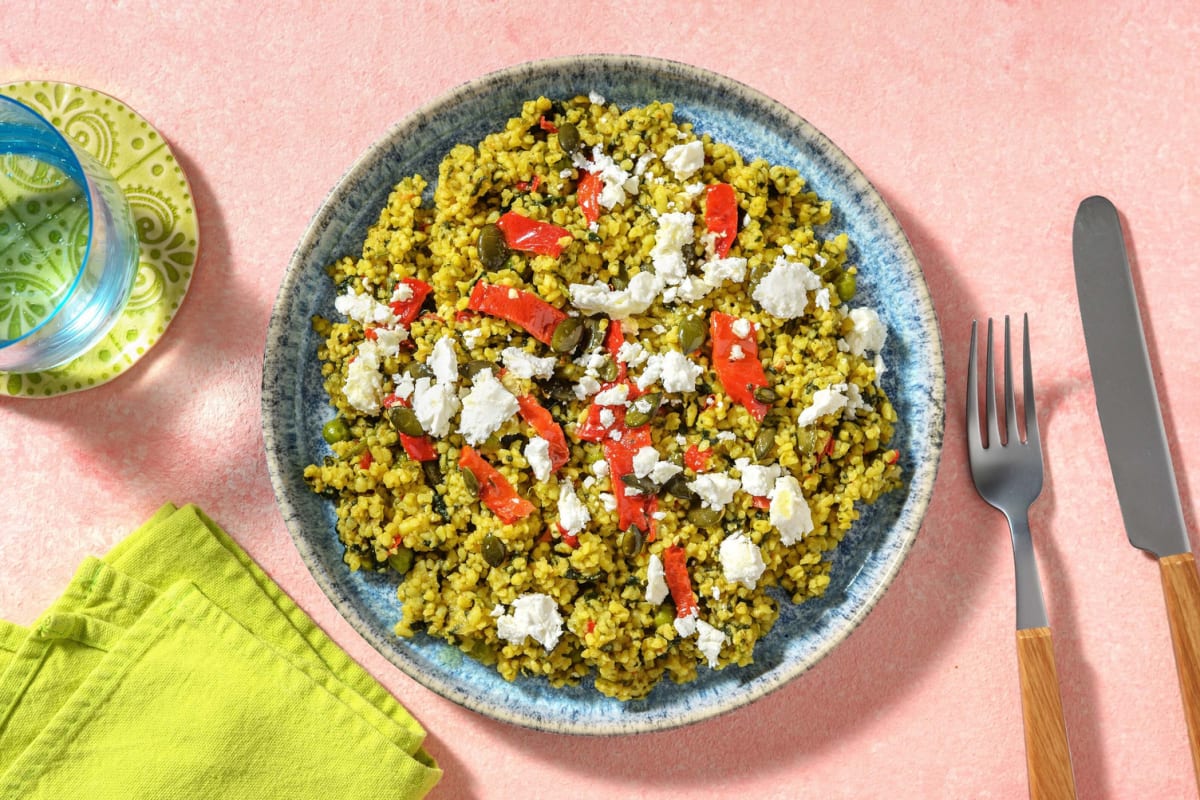 Orientalische Bulgur Bowl mit Spinat und gegrillter Paprika