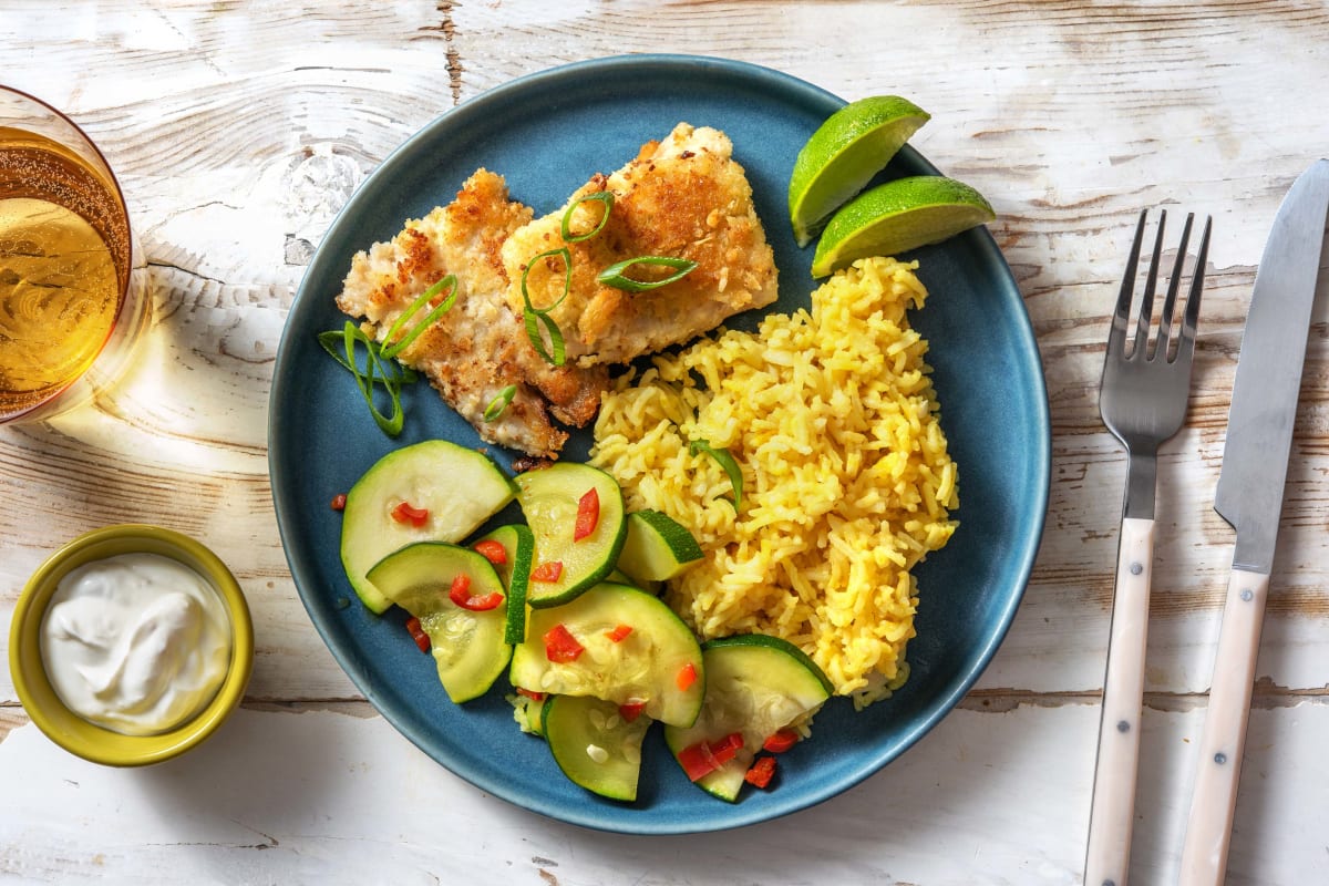 Seelachs in Kokos-Panko mit Curryreis