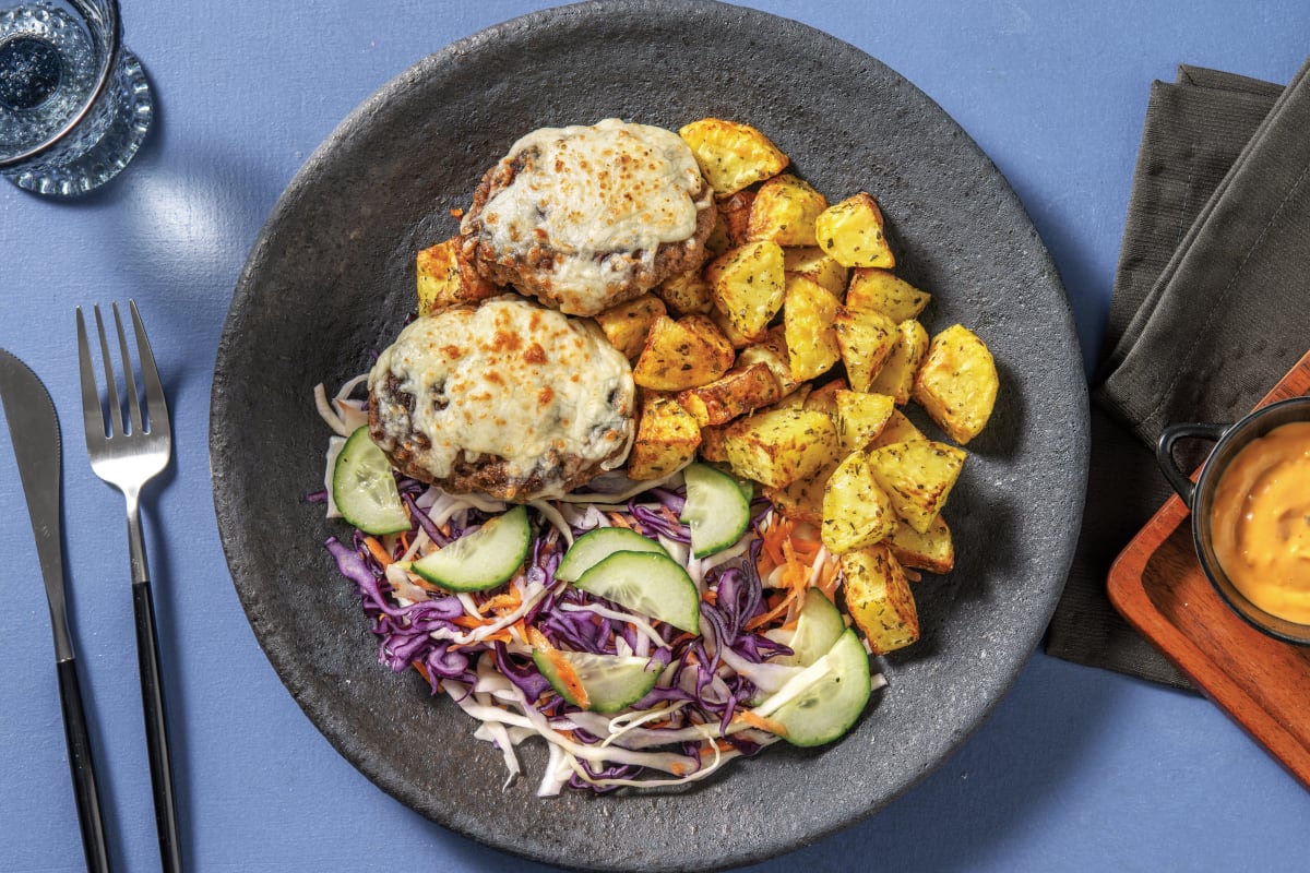 Cheesy Beef Rissoles & Burger Sauce