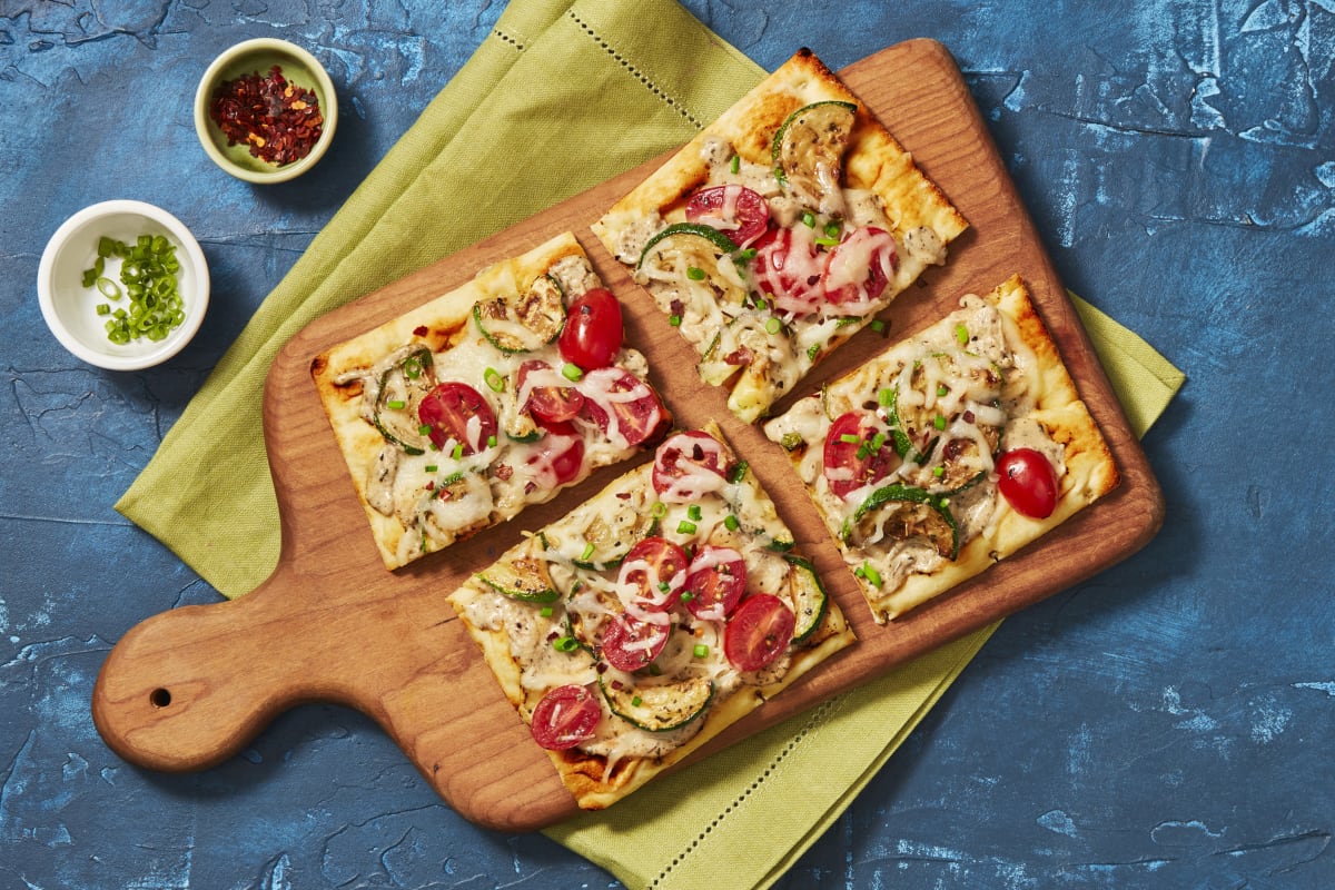 Chicken Sausage, Roasted Garlic & Zucchini Flatbreads