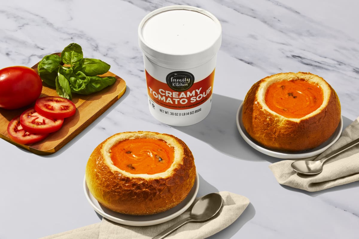 Creamy Tomato Soup in a Bread Bowl