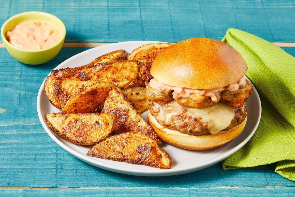 Cheesy Pork & Fried Pickle Burgers