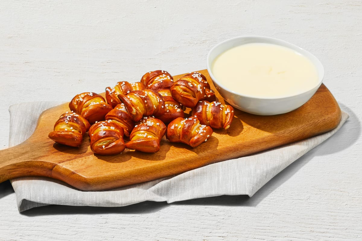 Salted Pretzel Bites with White Cheddar Sauce