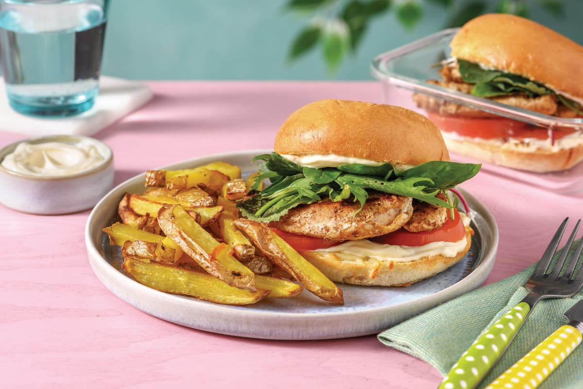 Cheesy Aussie Chicken Burger with Fries & Garlic Aioli