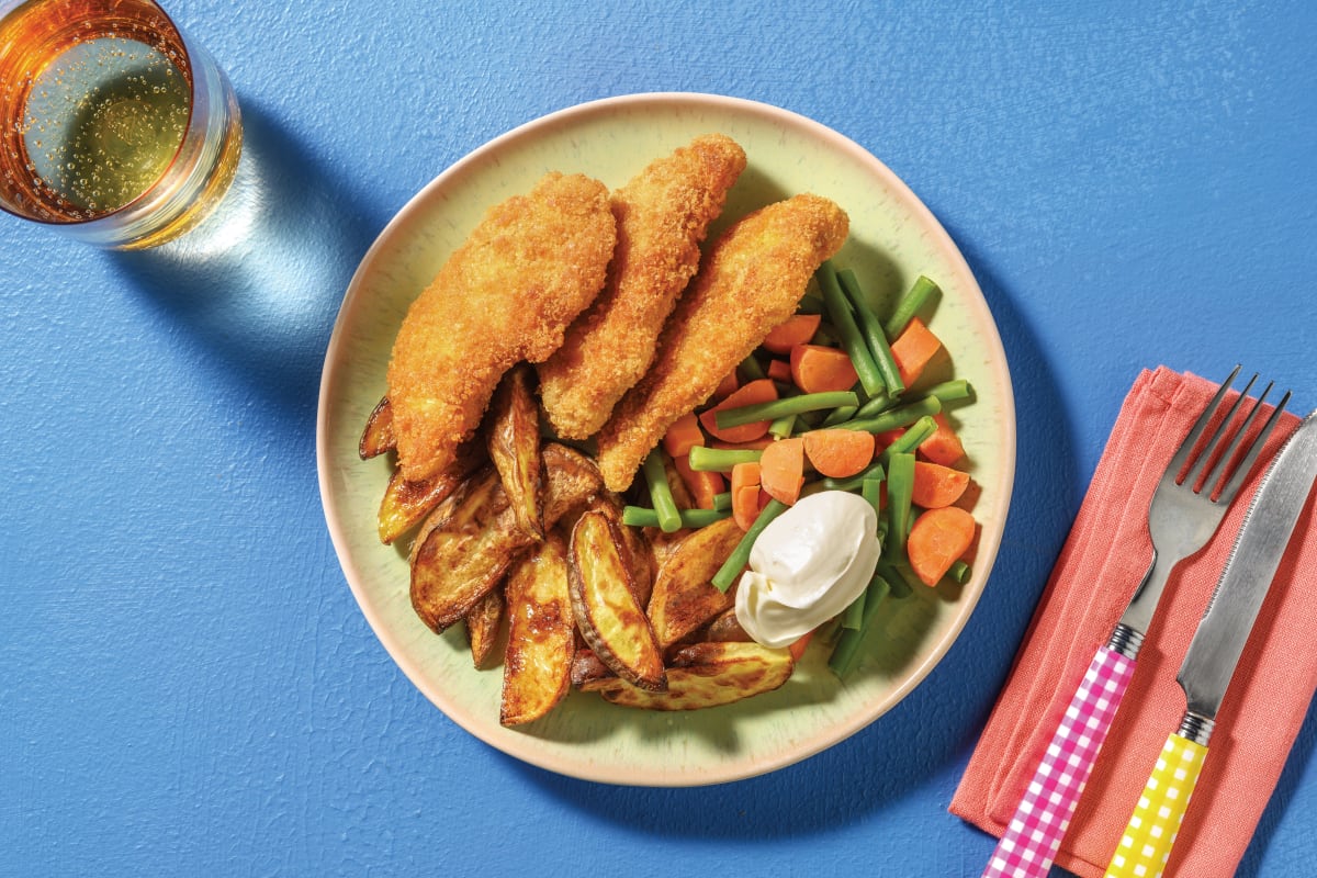 Crumbed Chicken Strips & Potato Wedges with Steamed Carrot & Green Beans