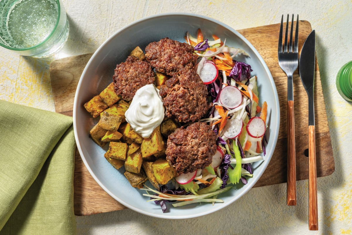 Indian-Spiced Beef Rissoles & Bombay Potatoes