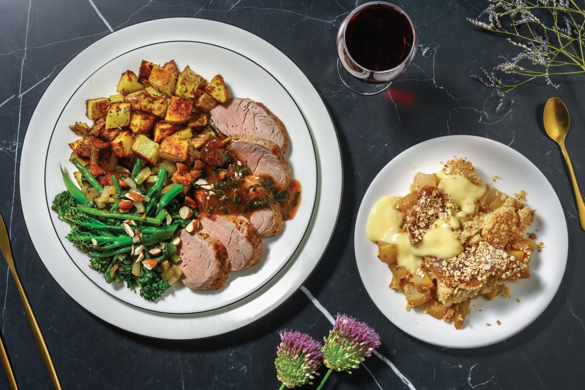 Peppercorn-Crusted Pork Fillet & Roast Potato with Caramelised Onion Sauce & Garlicky Greens for Dinner