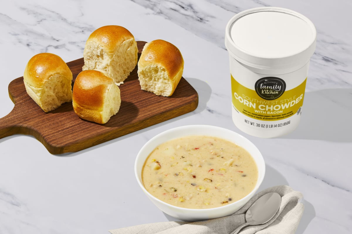 Southwest Corn Chowder with Parker House Rolls