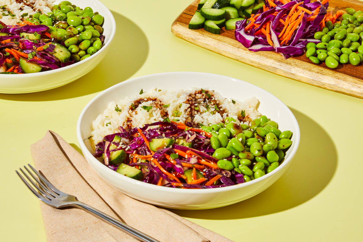 Sweet & Spicy Rainbow Edamame Rice Bowls