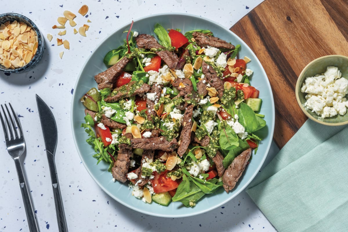 Garlic-Herb Beef & Creamy Pesto Salad 