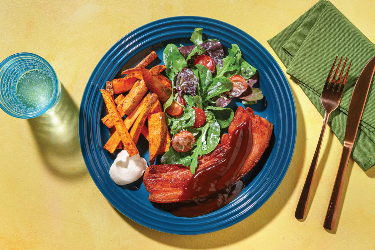 Sweet & Savoury Glazed Roast Pork Belly with Spiced Sweet Potato Fries & Ranch Salad