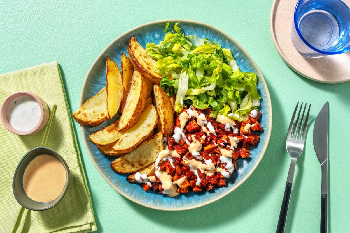 Kebab-Teller mit geräuchertem Tofu