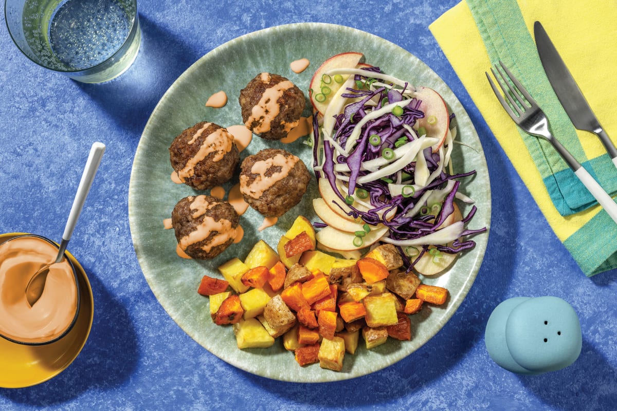 Cheesy Beef Rissoles & Herbed Roast Veggie Chunks