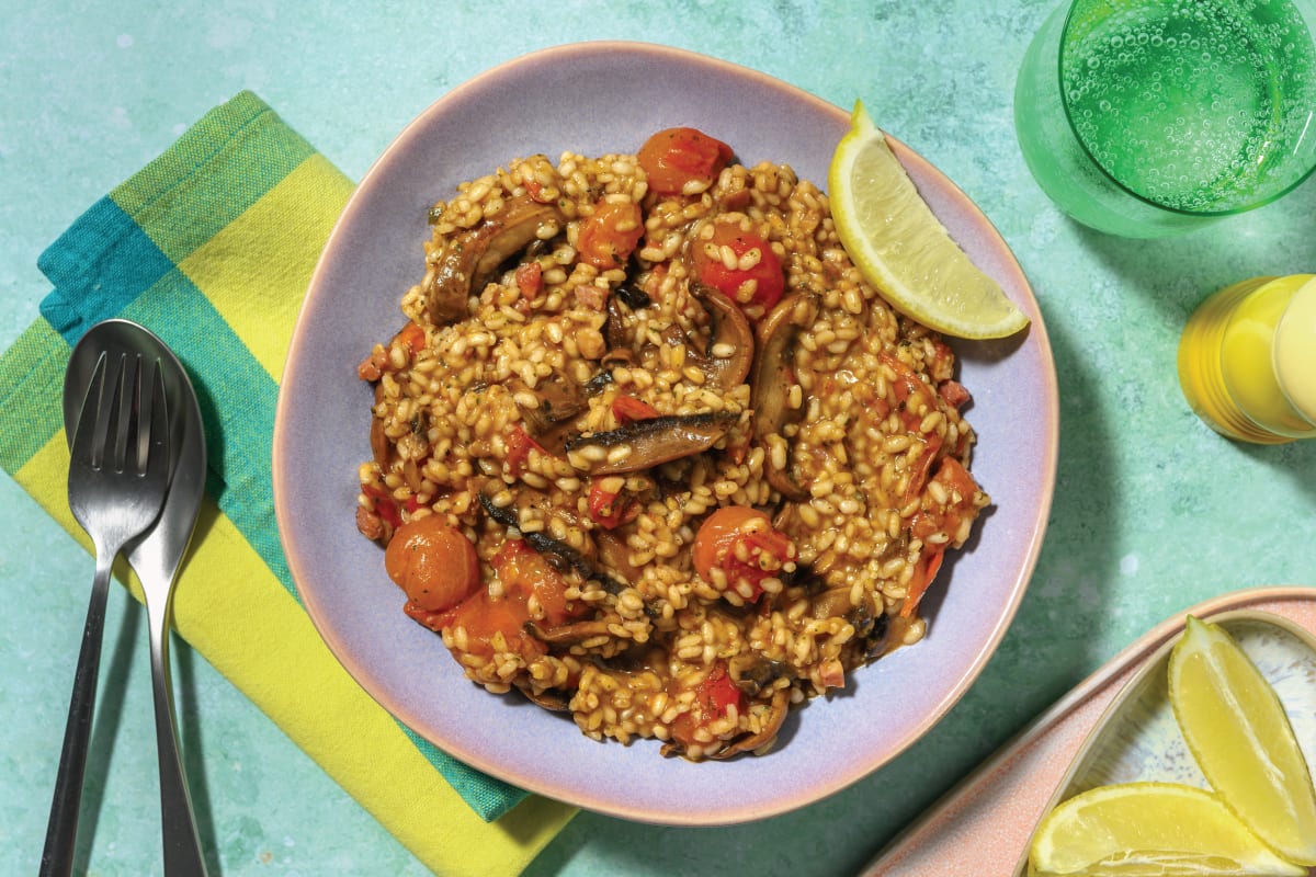 Easy Bacon, Mushroom & Cherry Tomato Risotto