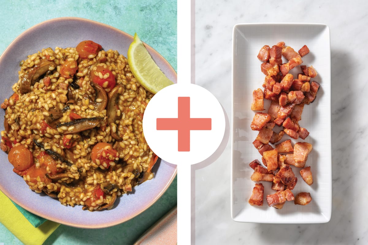 Easy Double Pesto Bacon, Mushroom & Cherry Tomato Risotto