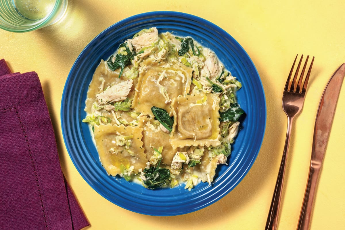 Pulled Chicken & Creamy Pesto Ravioloni with Leek & Spinach