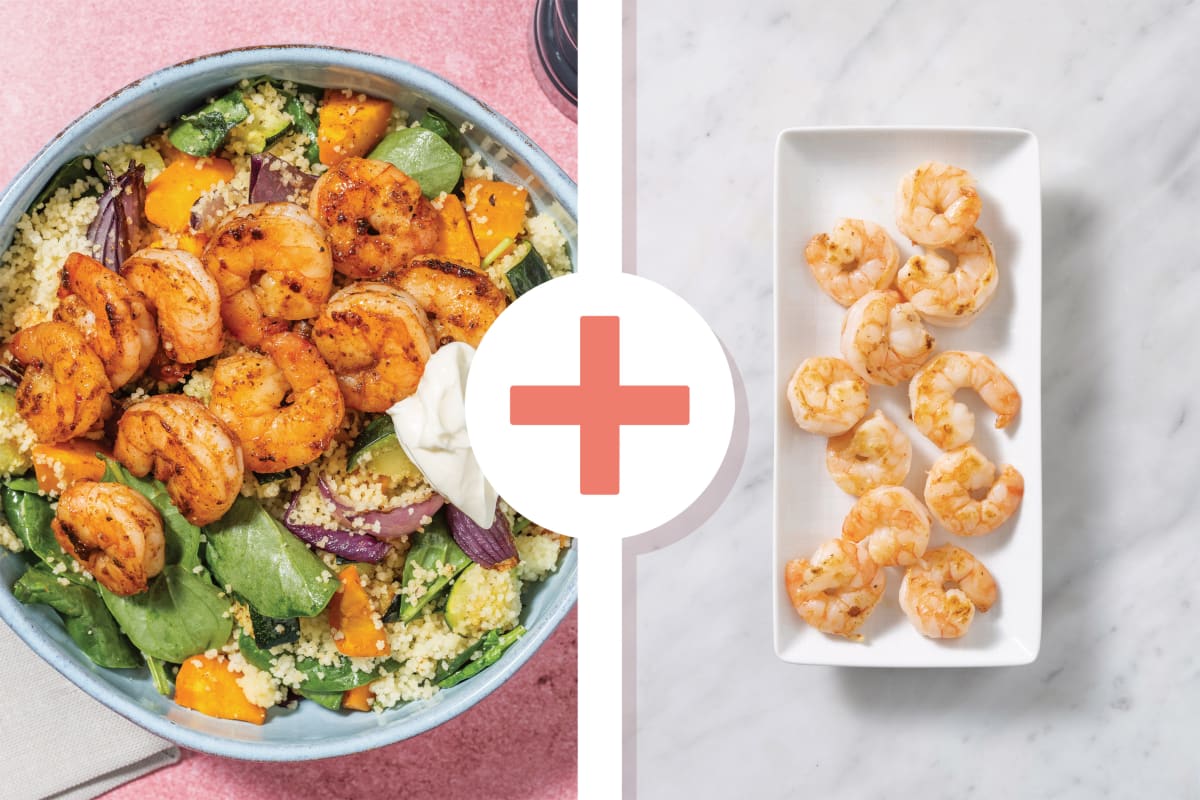 Easy Double Spiced Prawns & Roast Veggie Couscous Salad