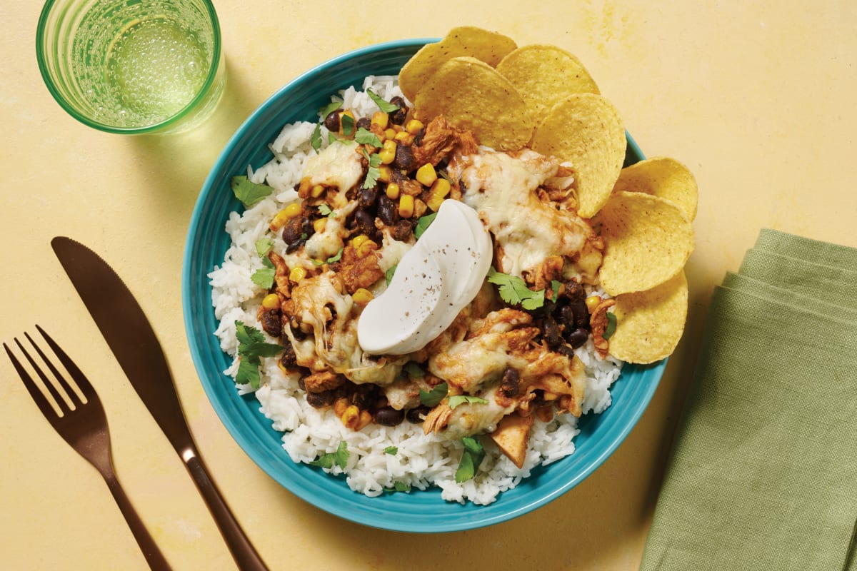 Mexican Pulled Chicken & Black Bean Bake with Butter Rice, Cheddar & Sour Cream