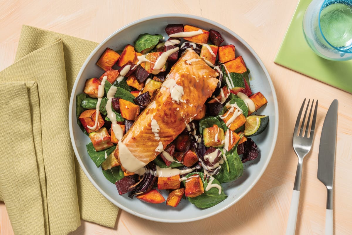 Honey-Soy Garlic Salmon & Sweet Potato Toss