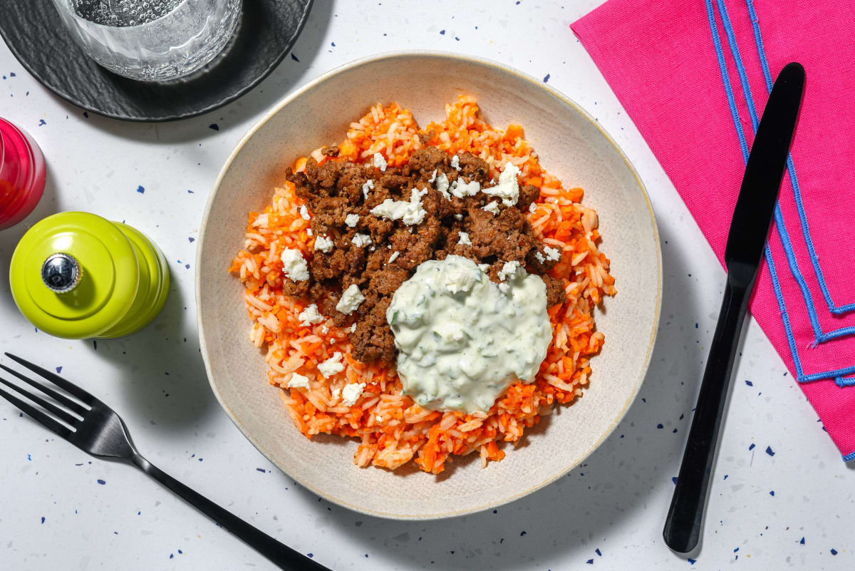 Mezze Rindshackpfanne auf Tomatenreis