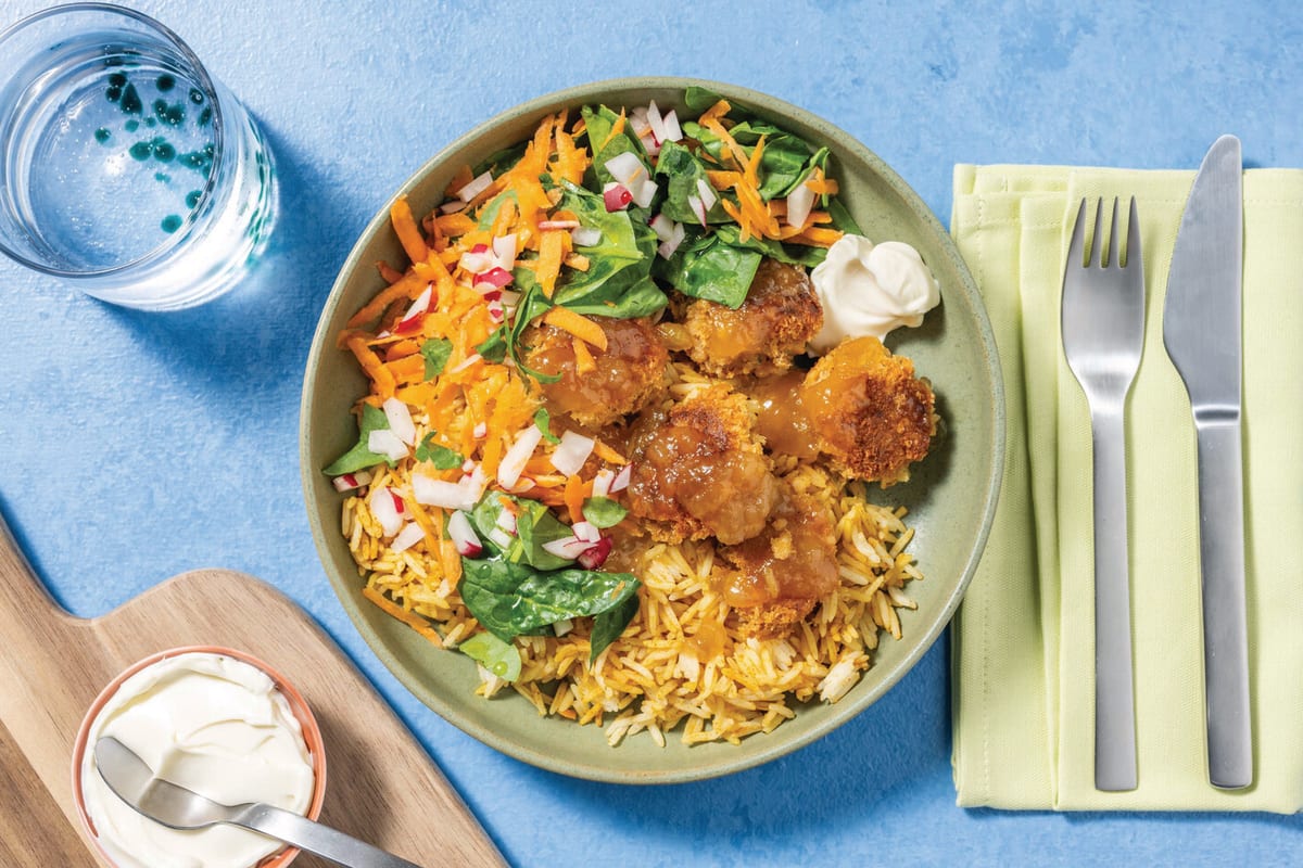 Apricot-Glazed Falafels & Chermoula Rice Bowl