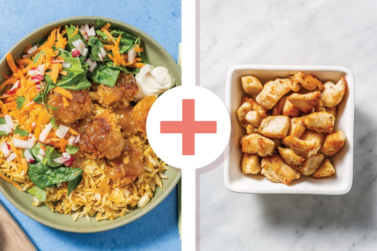 Apricot-Glazed Falafels, Chicken & Chermoula Rice Bowl