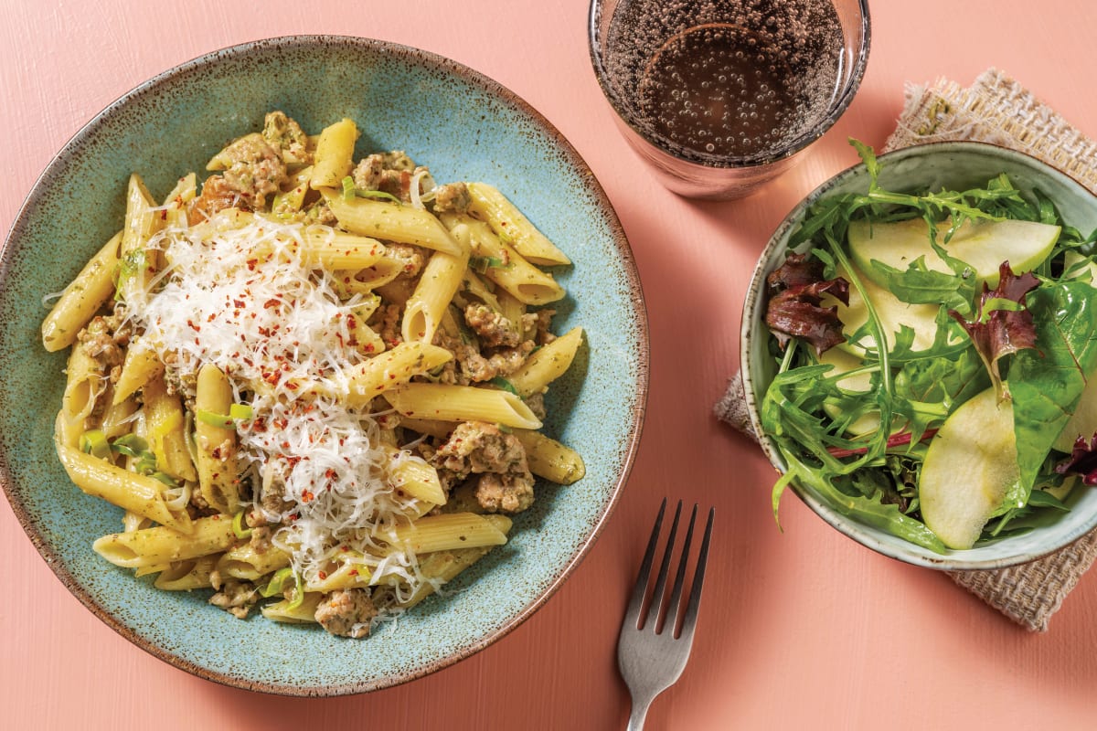 Hearty Pork & Basil Pesto Penne with Apple-Hazelnut Salad & Parmesan